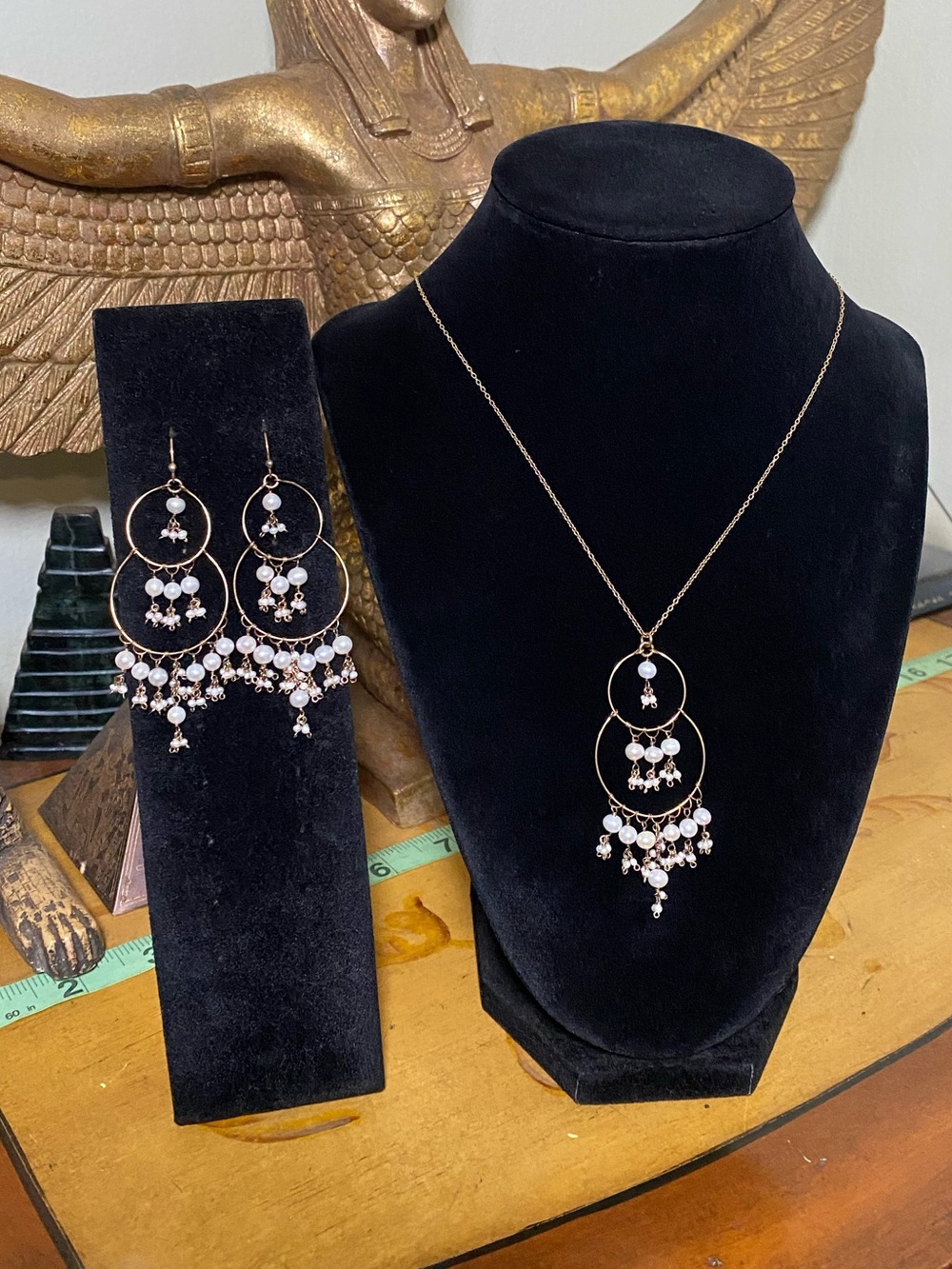 Vintage Pearl & Sterling Silver Double-Hoop Necklace and Earring Set